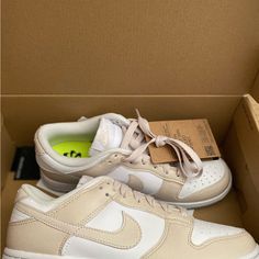 Cream Dunks, Brand New Cream Nike Dunks, Tan Nikes, Beige Dunk, Cream Dunks, Cream Colored Shoes, Dunks Outfit, Shoes Cream, Black And White Nikes, All Nike Shoes