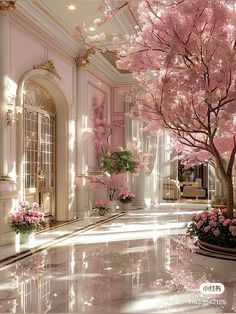 a pink tree in the middle of a large room with white walls and flooring