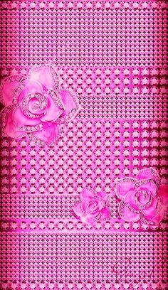 a pink background with roses on the bottom and an intricate design in the middle,