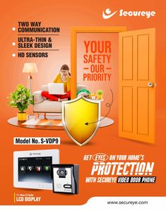 an advertisement for security products with a woman sitting on a couch in front of the door