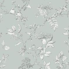 a gray and white floral wallpaper with leaves