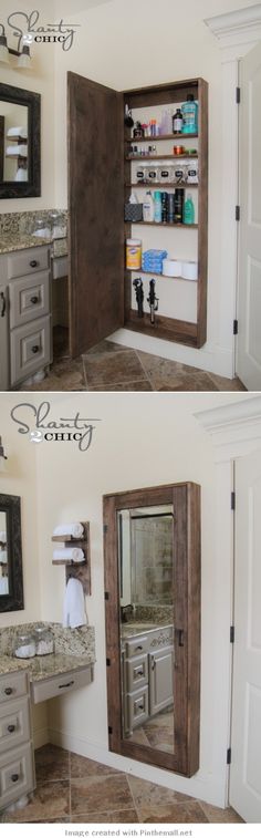 two pictures of the inside of a bathroom with shelves and cabinets in it, one is empty