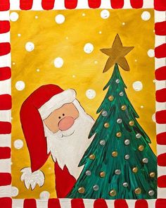 a painting of santa claus with a christmas tree in front of him and the star on top