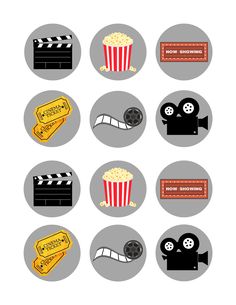 some movie related items are shown in this image, including popcorn and film reels