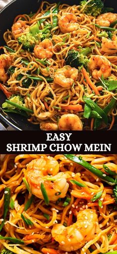 shrimp chow mein with broccoli and noodles in a skillet