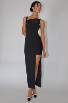 Zenya Split Ruched Midi Dress Black Backless Maxi Dress With Ruched Bodice For Cocktail, Cocktail Backless Maxi Dress With Ruched Bodice, Summer Evening Ruched Bodycon Dress, Stretch Ruched Maxi Dress For Cocktail, Midi Prom Dress With Ruched Back, Prom Dress With Ruched Back, Midi Length, Midi Length Prom Dress With Ruched Back, Ruched Stretch Midi Dress For Evening, Stretch Ruched Midi Dress For Evening