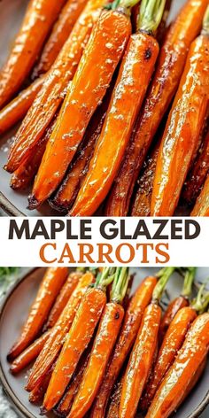 maple glazed carrots on a plate with text overlay