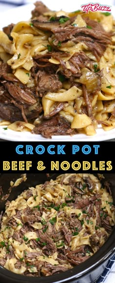 crock pot beef and noodles in a skillet on a white plate with the words crock pot beef and noodles above it