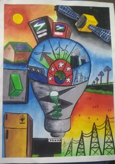 a drawing of a light bulb with many different things on it's side and in the background