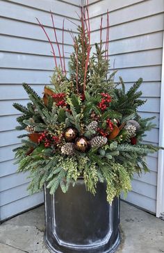 a potted plant with pine cones, berries and greenery on the side of a house