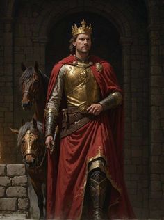 a man in a red and gold outfit standing next to a horse wearing a golden crown