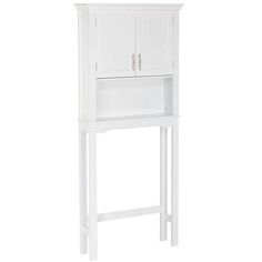 a tall white cabinet with two doors on the front