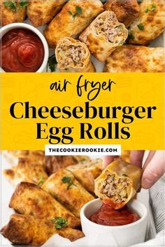 cheeseburger egg rolls on a plate with dipping sauce