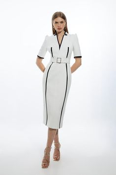 Meet The Everlasting Style Icon - The Forever Dress. A Timeless Addition To Any Well-Considered Wardrobe, This Piece Features A High Notched Collar, V-Neck Front, A Figure Skimming Silhouette, And A Belted Waist. Feel Elevated In Our Midi Dress, As The Structured Shoulders Bring The Drama, The Contrasting, Monochrome Colourway Creates A Dynamic Look, And The Timeless Fit Fills You With Confidence. Style It With Heels Or Loafers For An Elevated Daytime Look, Perfect For Year-Round Wear. Compact S Soap Notes, Striped Dress Outfit, Hen Do Outfits, Workwear Capsule Wardrobe, V Neck Dresses, High Collar Dress, Workwear Capsule, Casual Work Pants, Collar Dresses