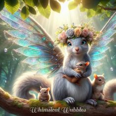 a painting of a squirrel and her babies in the forest with flowers on their head