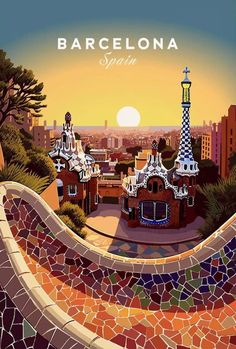 barcelona spain travel poster with the eiffel tower in the background and colorful mosaic tiles