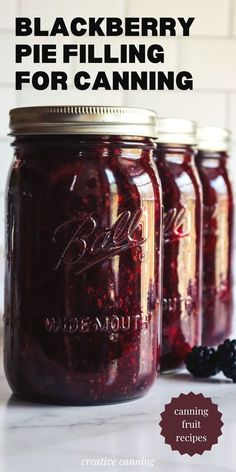 blackberry pie filling for canning in mason jars with text overlay that reads, blackberry pie filling for canning