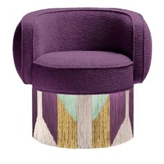 an upholstered purple chair with gold accents