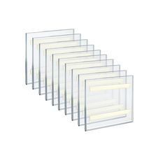 six clear acrylic frames with yellow light in them on a white background for display purposes