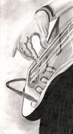 a pencil drawing of a person holding an electric guitar in their right hand and the other hand on top of it