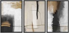 three abstract paintings with black, white and gold colors