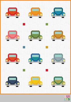 the cars are all different colors and sizes in this quilt pattern, which is very easy to sew