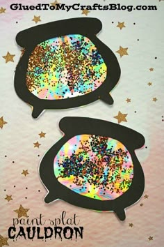 two pieces of crafting paper with glitter on them and the words paint splat cauld