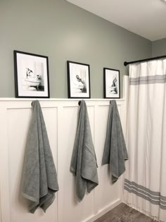 three towels hanging on the wall next to two framed pictures and a shower curtain in a bathroom