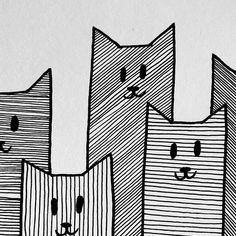 three black and white drawings of cats with faces on each one's face, all in different lines