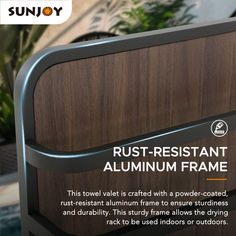 an advertisement for sunjoy's rust - resistant aluminum and wood furniture frame system