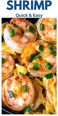 shrimp and egg stir fry in a skillet with text overlay