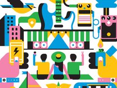 an image of a colorful pattern with guitars and other things in the background that is very abstract