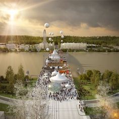 an artist's rendering of a large park with lots of people walking around it