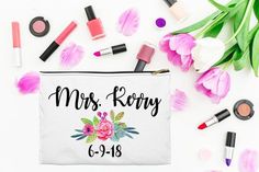 personalized makeup bag with flowers and lipstick