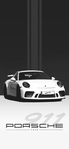 a white porsche parked in front of a black and white striped wall with the number 92 on it