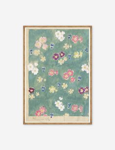 a green floral print with pink, white and blue flowers on it's surface