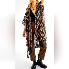 Free People Dripping Velvet Burnout Kimono Fringe Brown Gray Black New Nwot Velvet Burn Out, Sheer Aspect, Tassel Trim Design, One Size Fits All Ponchos, Free People Kimono, Hoodie Poncho, Knit Poncho Sweater, Trim Design, Free People Velvet, Embroidered Kimono, Fringe Kimono, Velvet Burnout