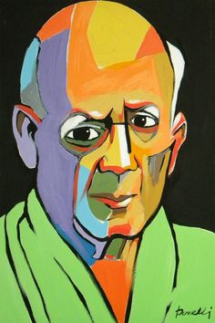 a painting of a man in green shirt and orange tie with his eyes wide open