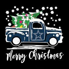 an old truck with a christmas tree in the back and merry lettering on the side