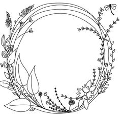 a circular frame with flowers and leaves around it, in black and white on a white background