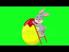 a cartoon bunny climbing up the ladder to get into an easter egg on a green screen