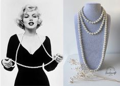 "Long Pearls Necklace inspired on 1920s jewelry and Marilyn Monroe's pictures. It is made of high quality faux pearls of 8 mm and hand knotted one by one. Total leght is about 150 cm/59 inches. You can wear it in many different ways: It can be worn as one long necklace (if you're tall or going for the true '20s look) but it's also meant to be looped again over the head, as a choker and a long 2nd strand or you can even out the strands to be more equal with one another. More 1920s Jewelry and Acc 1920s Pearls, Vintage Jewelry 1920 Gatsby Necklaces, Marylin Monroe Jewelry, 1920s Pearl Necklace, Marilyn Monroe Jewelry Collection, Marilyn Monroe Pearl Necklace, Gatsby Earrings, 1920s Jewelry, Layered Chokers