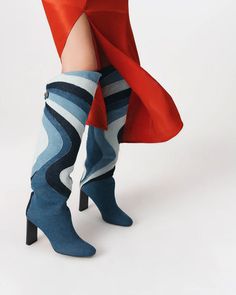 Skorpios Aurora Patchwork Boot in Denim Round toe Pull-on style Wave pattern Strap detail on back Denim upper Leather lining and sole 3.5” (90 mm) block heel Made in Italy Patchwork Boots, Denim Patches, Denim Patchwork, Wave Pattern, Block Heels, Aurora, In Italy, Italy, Boots