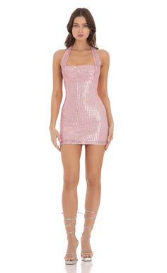 Sequin Halter Dress in Pink | LUCY IN THE SKY Sparkly Dress Aesthetic, Pink Sparkly Mini Dress, Glitter Dress Short, Glittery Outfits, Pink Sparkly Dress, Pretty Homecoming Dresses, Birthday Dress 21st, Sequin Halter Dress, Sparkly Outfits