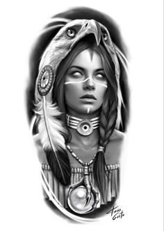 Indian Girl Tattoo, Indian Women Tattoo, Tato Realis, Indian Girl Tattoos, Indian Skull Tattoos, Native American Tattoo Designs, Indian Tattoo Design, Tattoo Black And White, Catrina Tattoo