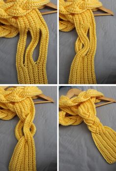 four pictures show how to crochet a scarf with the same knot as it is