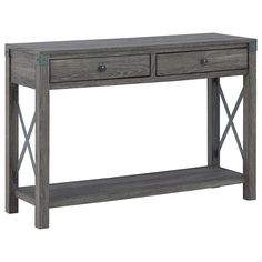 a gray wooden console table with two drawers on one side and an open shelf underneath