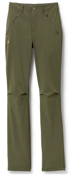 the back view of a women's hiking pant in olive green with zipper pockets