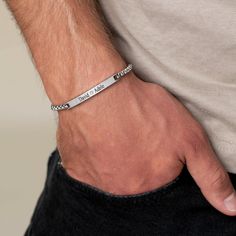 "Looking for a gift for your man? You've found the perfect item for this!  Introducing our eye-catching and stylish custom stainless steel bar bracelet designed exclusively for men. This sleek accessory is available in three timeless colors: silver, gold, and black. Expertly crafted from premium-grade stainless steel, this bracelet showcases both durability and sophistication. With its customizable bar pendant, you can add initials, a special date, or a meaningful word, making it the perfect personalized gift for yourself or a loved one. The adjustable chain ensures a comfortable fit, while the secure lobster clasp ensures it stays securely on your wrist. Elevate your style with this contemporary and versatile bar bracelet that exudes both modern charm and timeless appeal. Waterproof Brace Adjustable Stainless Steel Bracelets With Engraved Text, Adjustable Stainless Steel Bracelet With Engraved Text, Engraved Rectangular Bracelets For Friendship, Father's Day Engraved Wristband, Father's Day Stainless Steel Bracelets With Engraving Option, Father's Day Engraved Stainless Steel Bracelets, Father's Day Stainless Steel Engraved Bracelets, Father's Day Engraved Stainless Steel Wristband, Father's Day Stainless Steel Engraved Wristband