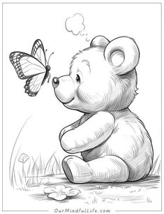 a drawing of a teddy bear sitting on the ground with a butterfly flying over it